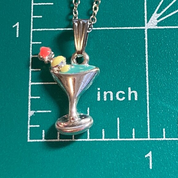 Martini Cocktail Drink Cup Glass Charm Necklace Pendant Aqua Enamel 18" Chain - Picture 8 of 9